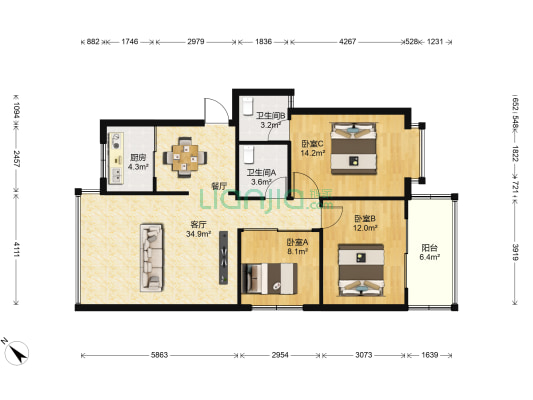 滨江苑A区 3室1厅2卫 102平方