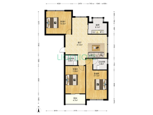 东方广场(永康市) 3室1厅2卫 121平方