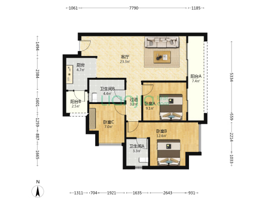 樾易府北区 3室1厅2卫 96平方