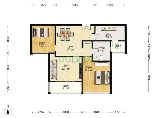 名都新城（四期） 2室2厅1卫 95平方