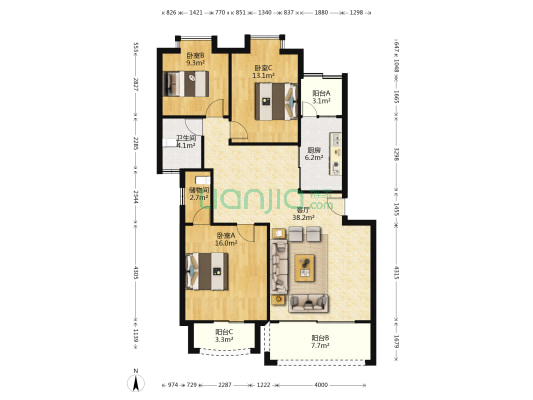 东江学府一期 3室1厅1卫 117平方