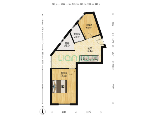 健康路93号 2室1厅1卫 54平方