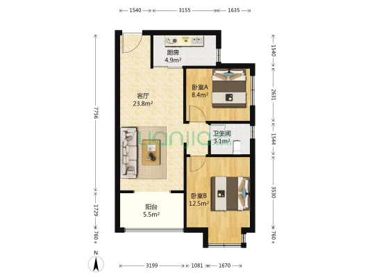 佰昌公馆A区 2室1厅1卫 76平方