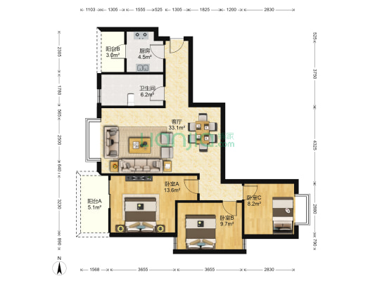 富豪公馆 3室1厅1卫 99平方