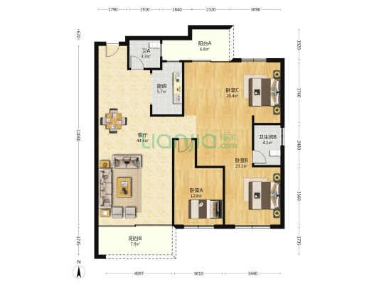天一康园南区 3室1厅2卫 159平方