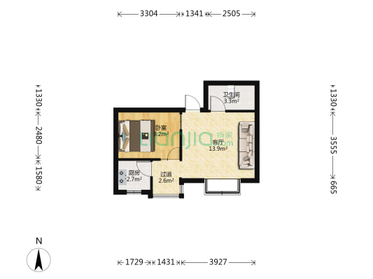 西湖家园 1室1厅1卫 44平方