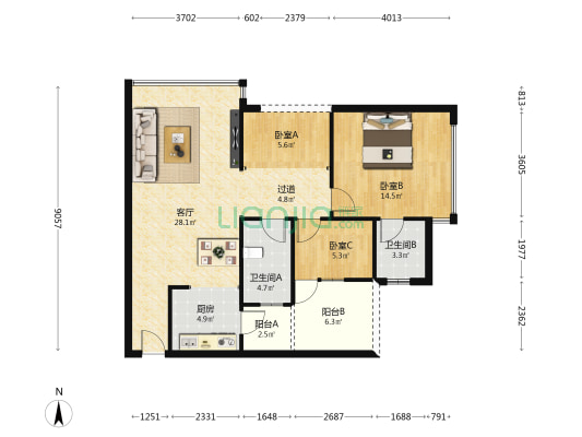 凯宇国际 3室1厅2卫 94平方