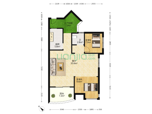 国博新城四期香涛居 2室1厅1卫 91平方