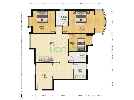 岷江国际新城 3室1厅2卫 121平方