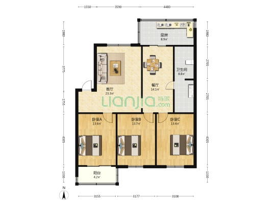 福利院小区 3室2厅1卫 110平方