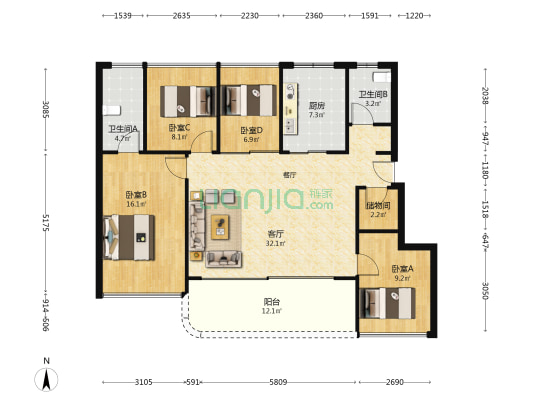 卓越晴熙云翠 4室1厅2卫 112平方