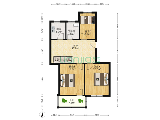 工人路61号 3室1厅1卫 75平方