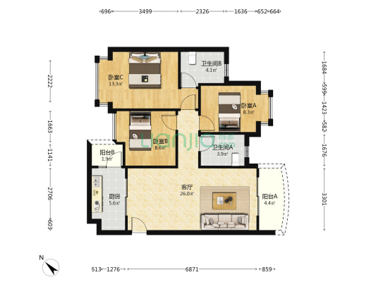 恒大阳光半岛 3室1厅2卫 99平方