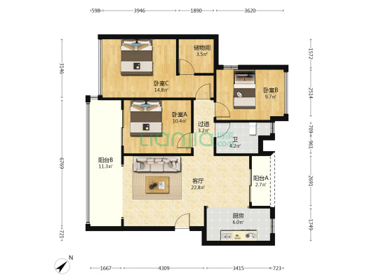金邑林居 3室1厅1卫 118平方