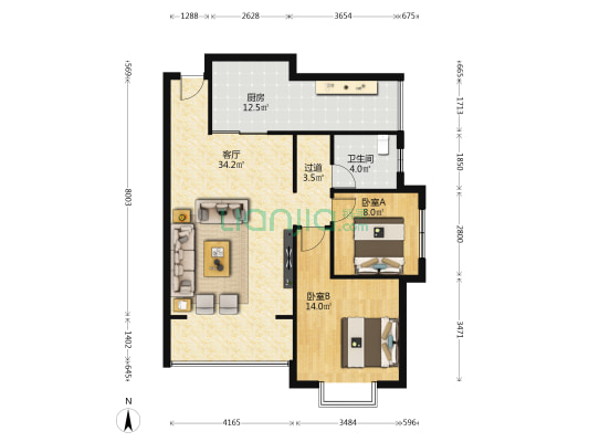 雅关小区 2室1厅1卫 90平方