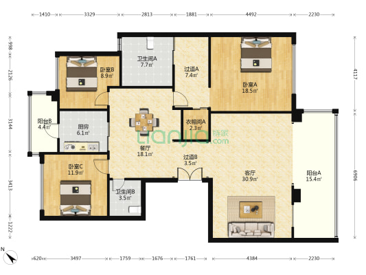 东原印长江二期 3室2厅2卫 160平方
