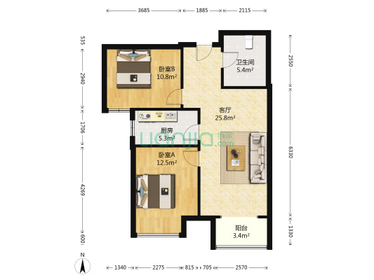 双隆金地 2室1厅1卫 88平方