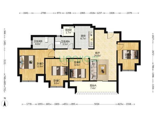 东原江山印月一期 4室1厅2卫 97平方