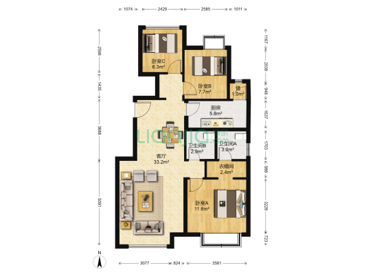 富力华庭苑东区 3室1厅2卫 100平方