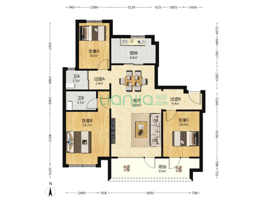 平度碧桂园桃李东方 3室1厅2卫 120平方