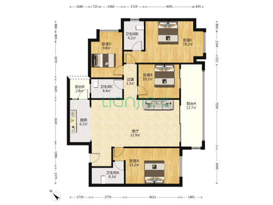 鲁能星城外滩天景 4室1厅3卫 160平方