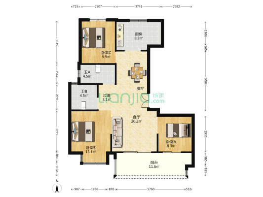 九龙家苑五期 3室1厅2卫 122平方