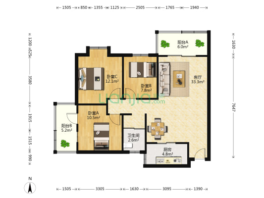 中房阳光 3室1厅1卫 97平方