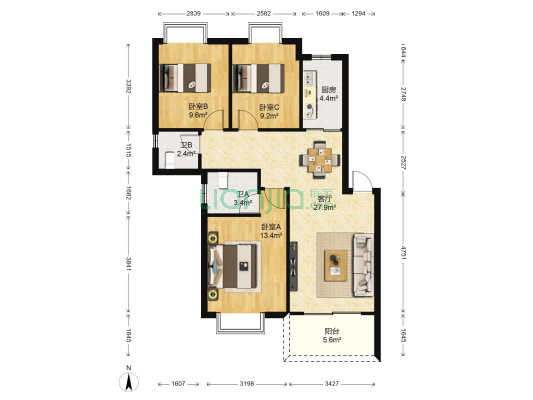 金禾湾西区 3室1厅2卫 91平方