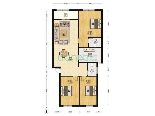 新烟街东侧106号 3室1厅2卫 135平方