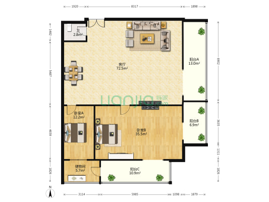 中财公寓 2室1厅1卫 214平方