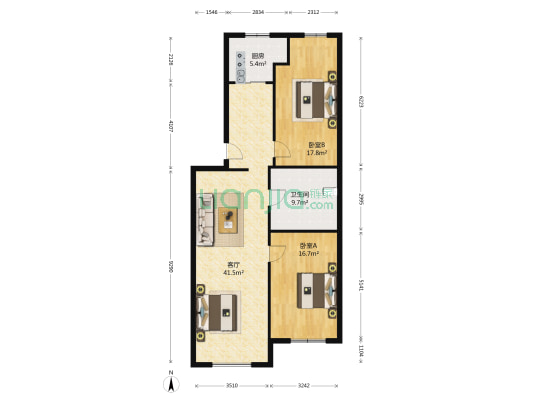 858家园 2室1厅1卫 107平方