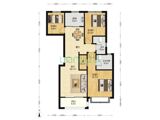 春风景里 3室1厅2卫 117平方