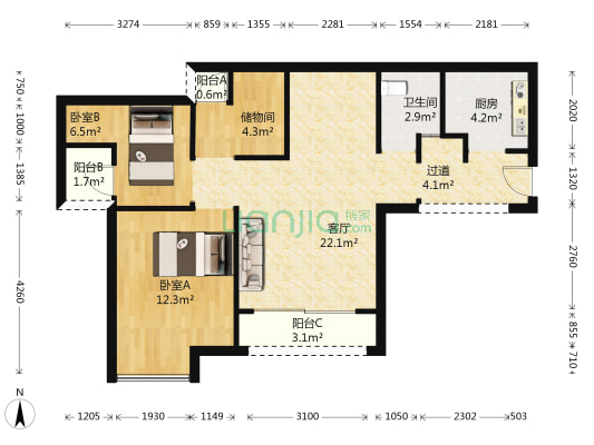 华府幸福城A区 2室1厅1卫 71平方