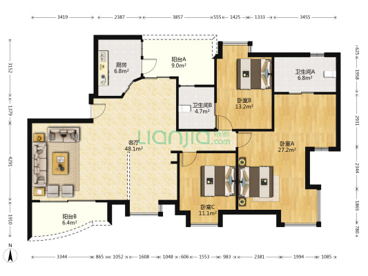 聚福豪苑 3室1厅2卫 162平方
