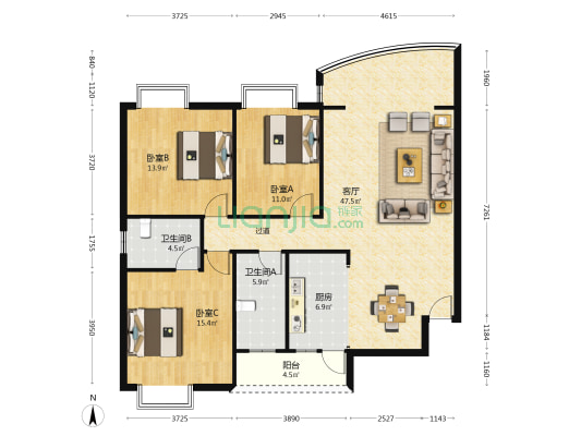 香河公寓 3室1厅2卫 139平方