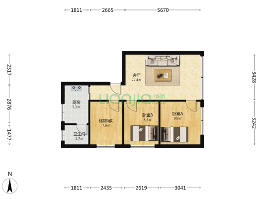 红棉街 2室1厅1卫 63平方