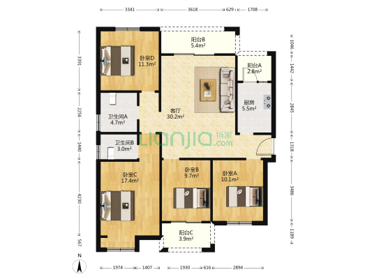 金尊文苑 4室1厅2卫 141平方