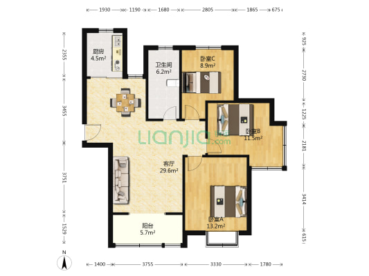 盛天茗苑 3室1厅1卫 105平方