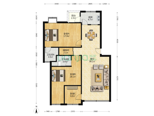 书香庭 3室1厅2卫 115平方