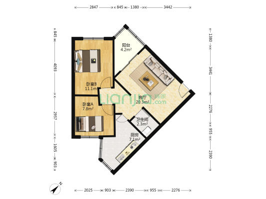 二环路北四段70号 2室1厅1卫 58平方