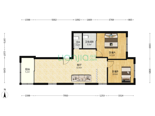 富民南路 2室1厅2卫 83平方