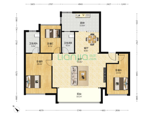 博翠江岸 3室2厅2卫 144平方
