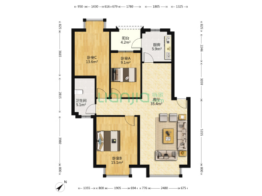 顺意院 3室1厅1卫 105平方