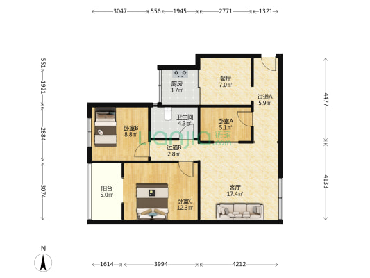 育才巷32号 3室2厅1卫 86平方