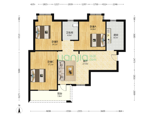 王寨新襄阳客厅还建小区 3室1厅1卫 114平方