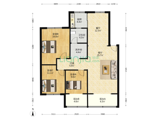 西河小学 3室2厅2卫 118平方