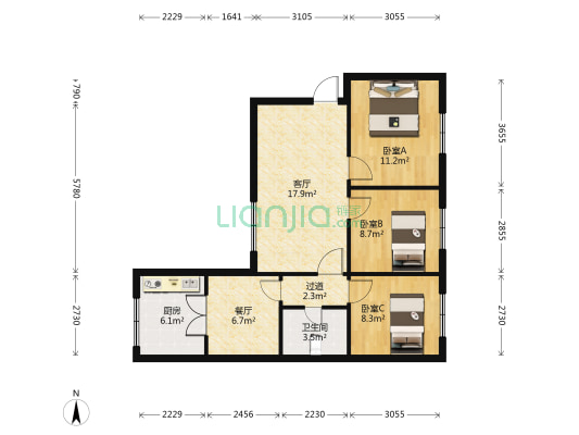 省气象局宿舍 3室2厅1卫 75平方