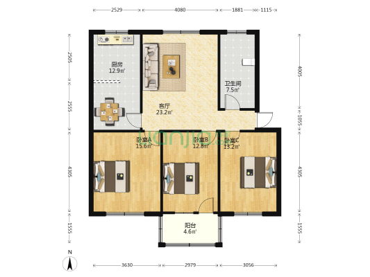 外贸轻工家属院 3室1厅1卫 107平方