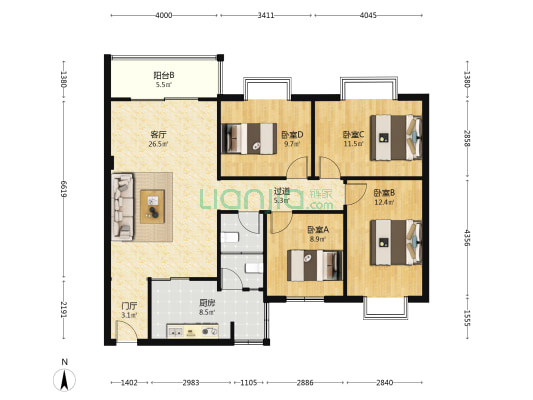 康田夏歌园 4室1厅2卫 124平方