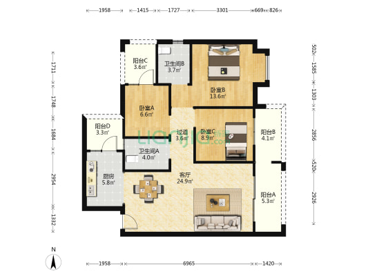 凤凰栖B区 3室1厅2卫 104平方